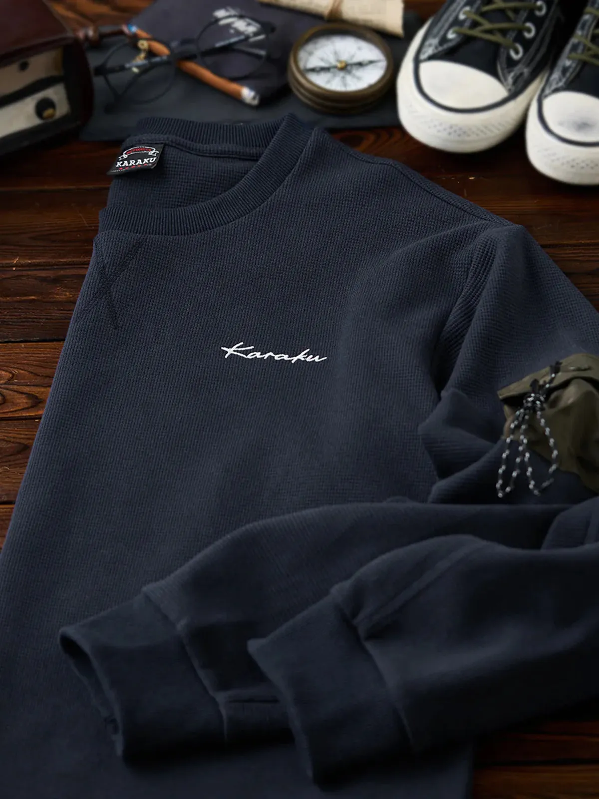 Karaku Embroidered Waffle Mountain Sweatshirt with Contrasting Hem sold by Karaku product image thumbnail 5