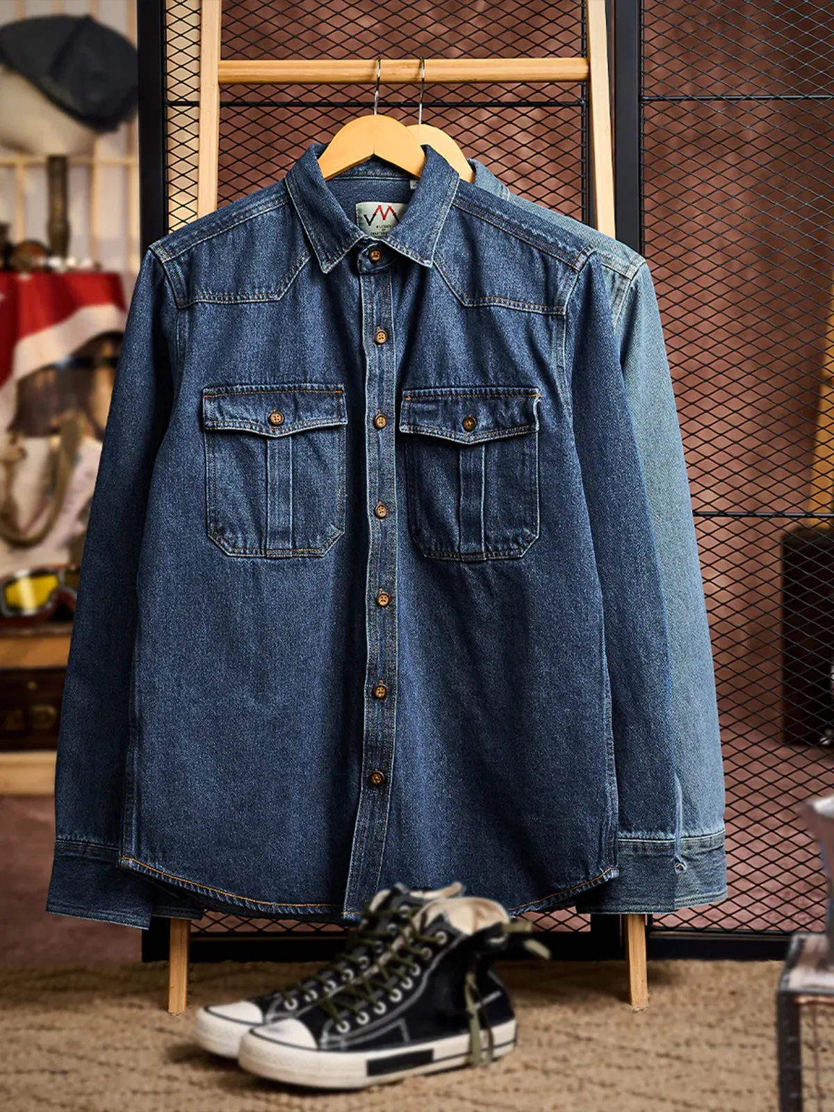 Denim Work Shirt with Western Yoke and Pleated Pockets sold by Karaku product image thumbnail 4