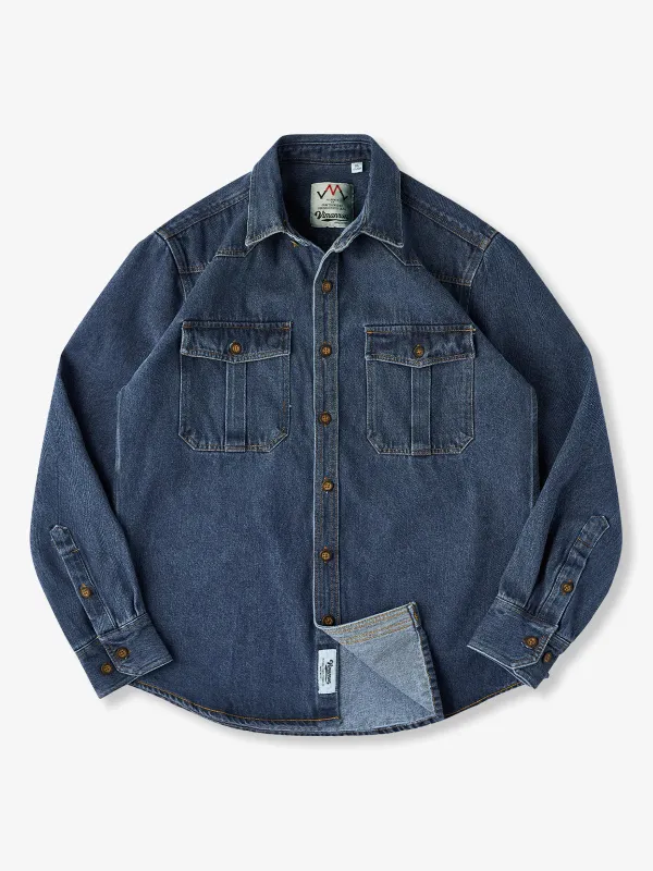 Denim Work Shirt with Western Yoke and Pleated Pockets sold by Karaku