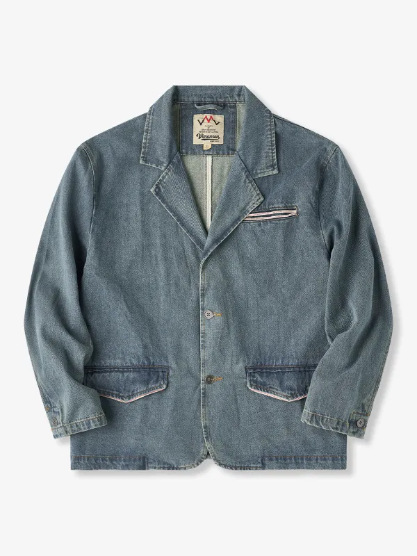 Washed Denim Tailored Jacket with Red & White Pocket Stitching sold by Karaku