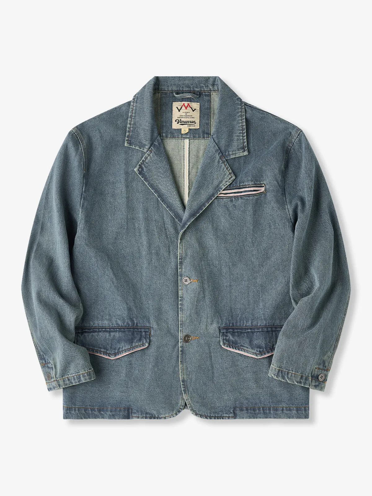 Washed Denim Tailored Jacket with Red & White Pocket Stitching sold by Karaku