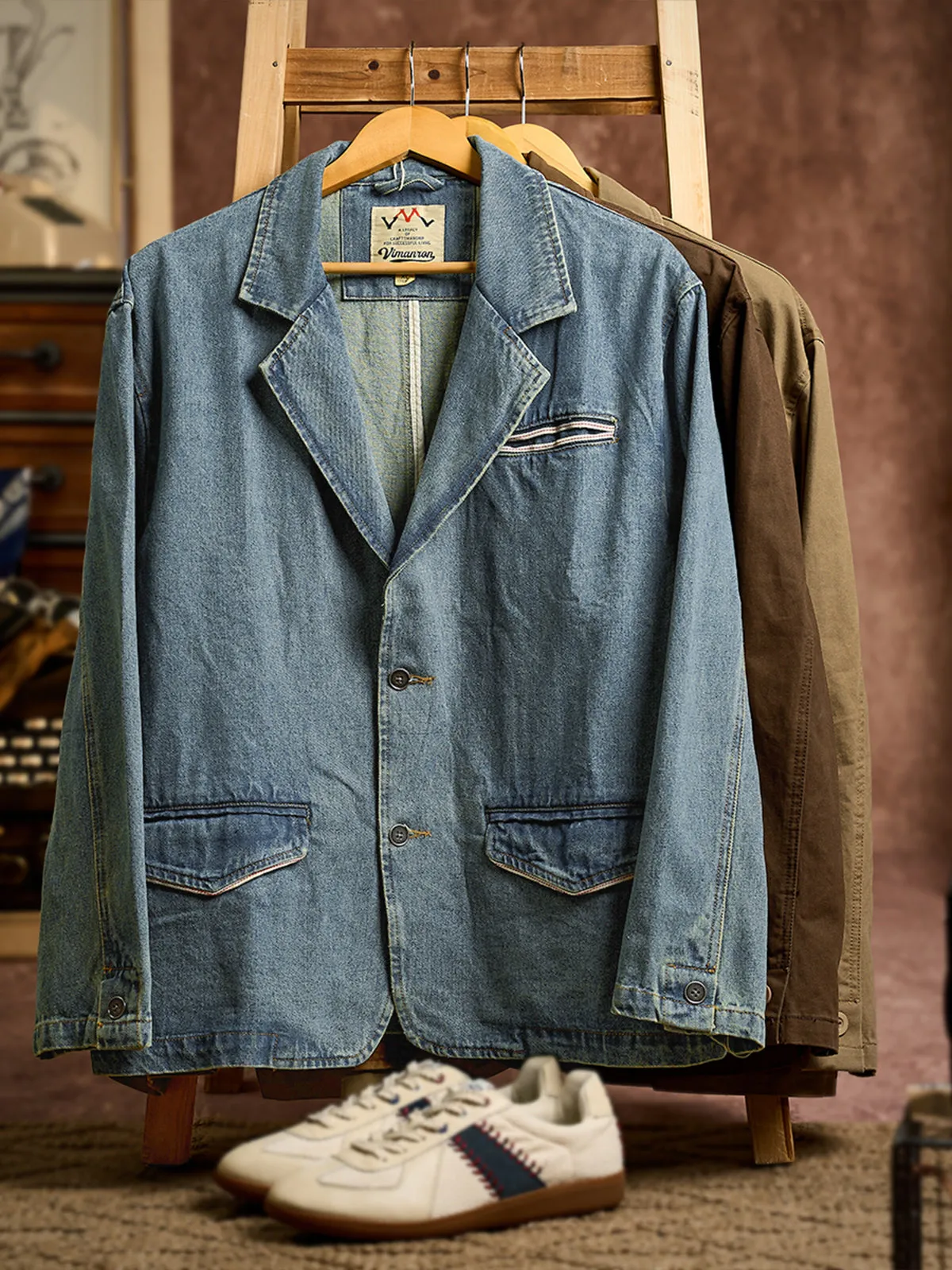 Washed Denim Tailored Jacket with Red & White Pocket Stitching sold by Karaku product image thumbnail 5