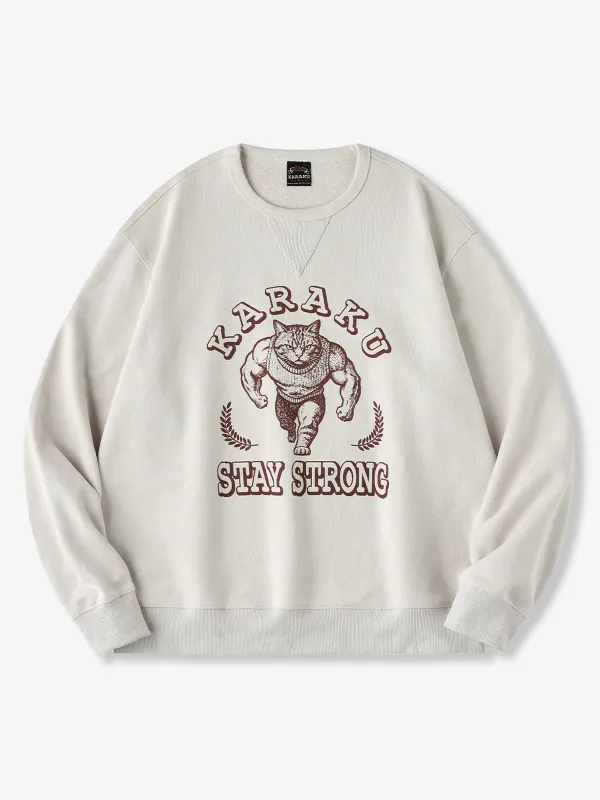 "Muscle Cat" Print Back-Pile Cotton V-Gusset Sweatshirt made by Karaku