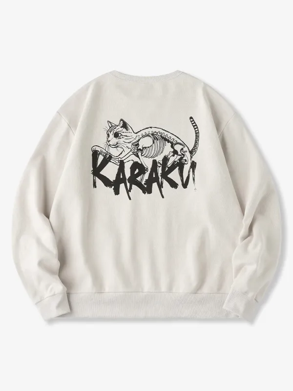 "Skeleton-Visible Cat" Print Back-Pile Cotton V-Gusset Sweatshirt made by Karaku