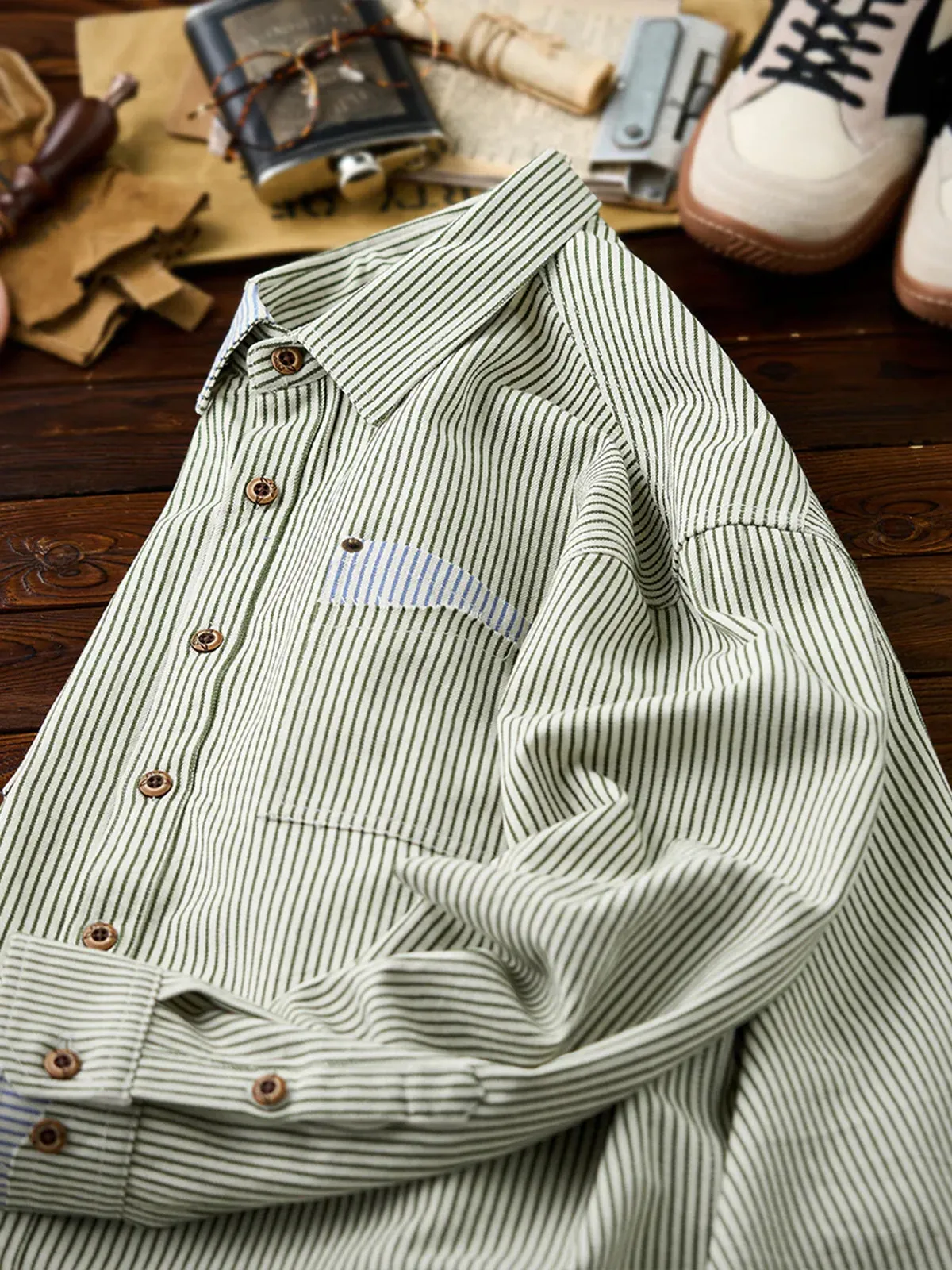 Yarn-Dyed Stripe Work Shirt with Red & White Drawcord and Contrast Collar, Cuffs & Pockets sold by Karaku product image thumbnail 5