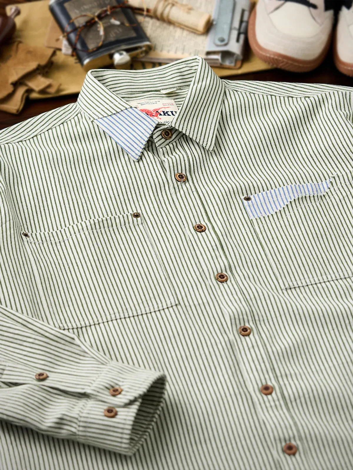 Yarn-Dyed Stripe Work Shirt with Red & White Drawcord and Contrast Collar, Cuffs & Pockets sold by Karaku product image thumbnail 4