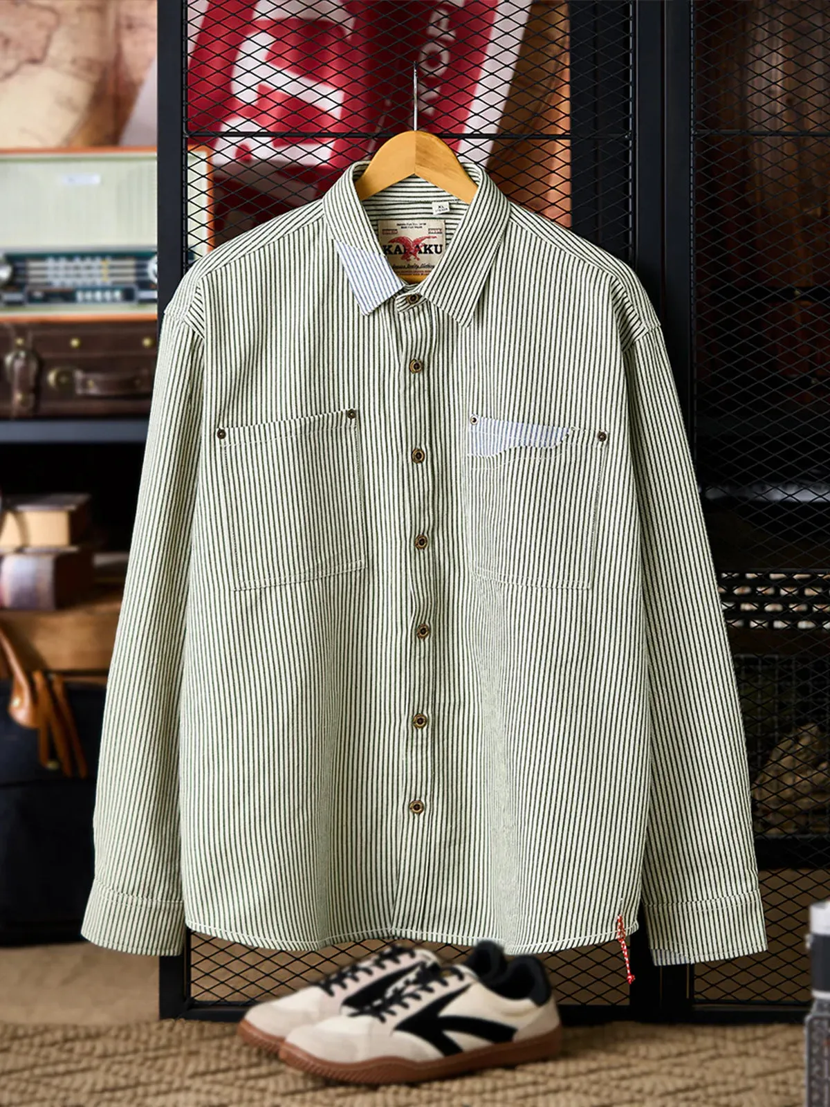 Yarn-Dyed Stripe Work Shirt with Red & White Drawcord and Contrast Collar, Cuffs & Pockets sold by Karaku product image thumbnail 3