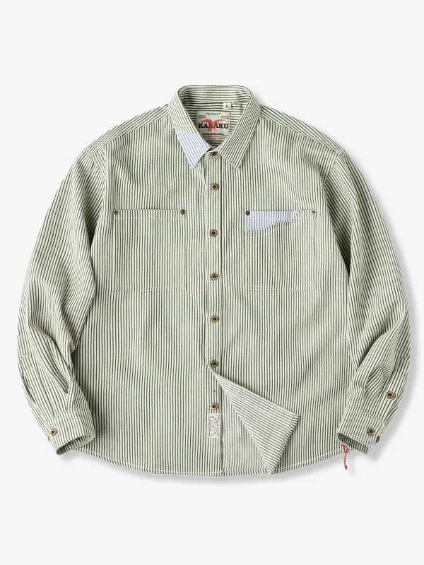 Yarn-Dyed Stripe Work Shirt with Red & White Drawcord and Contrast Collar, Cuffs & Pockets sold by Karaku