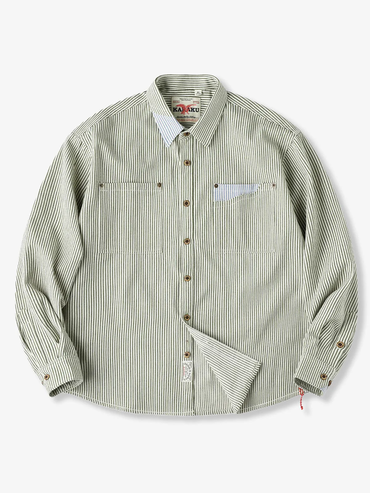 Yarn-Dyed Stripe Work Shirt with Red & White Drawcord and Contrast Collar, Cuffs & Pockets sold by Karaku