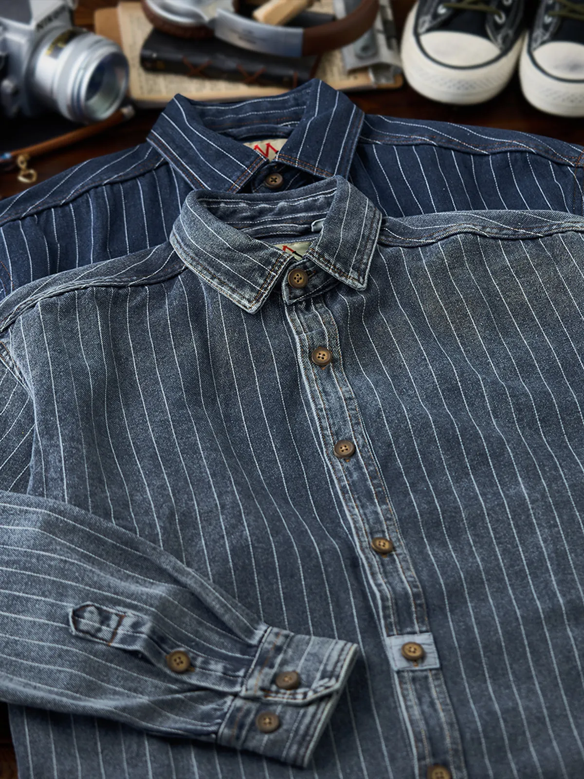 2-Color Vintage Wabash Stripe Denim Work Shirt sold by Karaku product image thumbnail 5