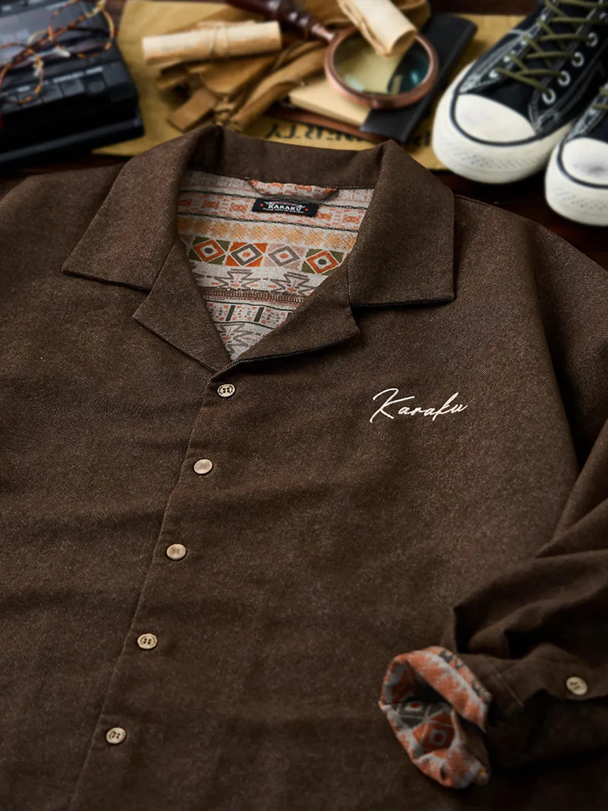 “Karaku” Embroidered Logo Denim Open-Collar Shirt with Ethnic-Pattern Lining sold by Karaku product image thumbnail 4