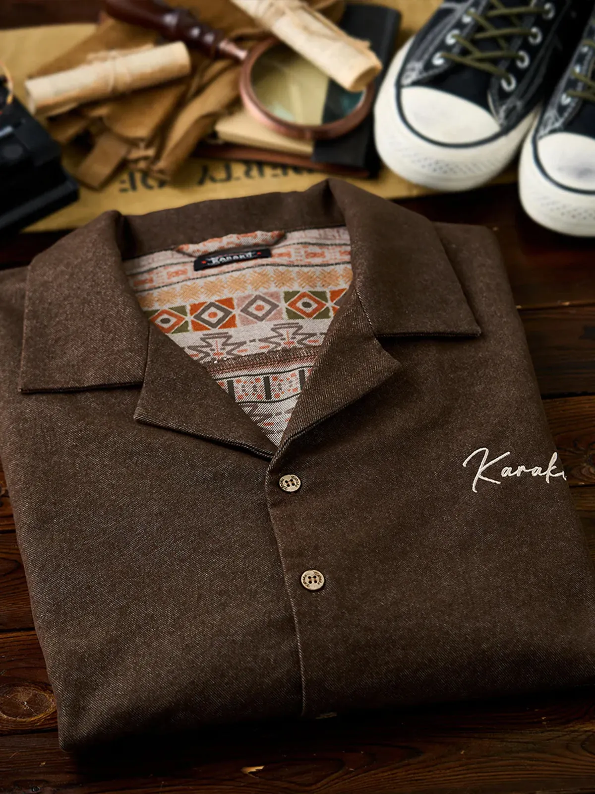 “Karaku” Embroidered Logo Denim Open-Collar Shirt with Ethnic-Pattern Lining sold by Karaku product image thumbnail 5