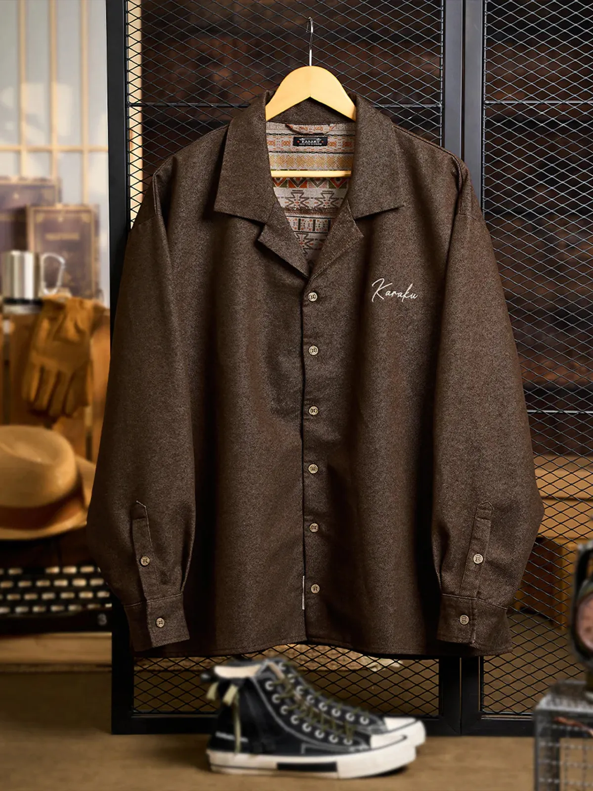 “Karaku” Embroidered Logo Denim Open-Collar Shirt with Ethnic-Pattern Lining sold by Karaku product image thumbnail 3