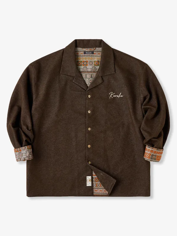 “Karaku” Embroidered Logo Denim Open-Collar Shirt with Ethnic-Pattern Lining sold by Karaku