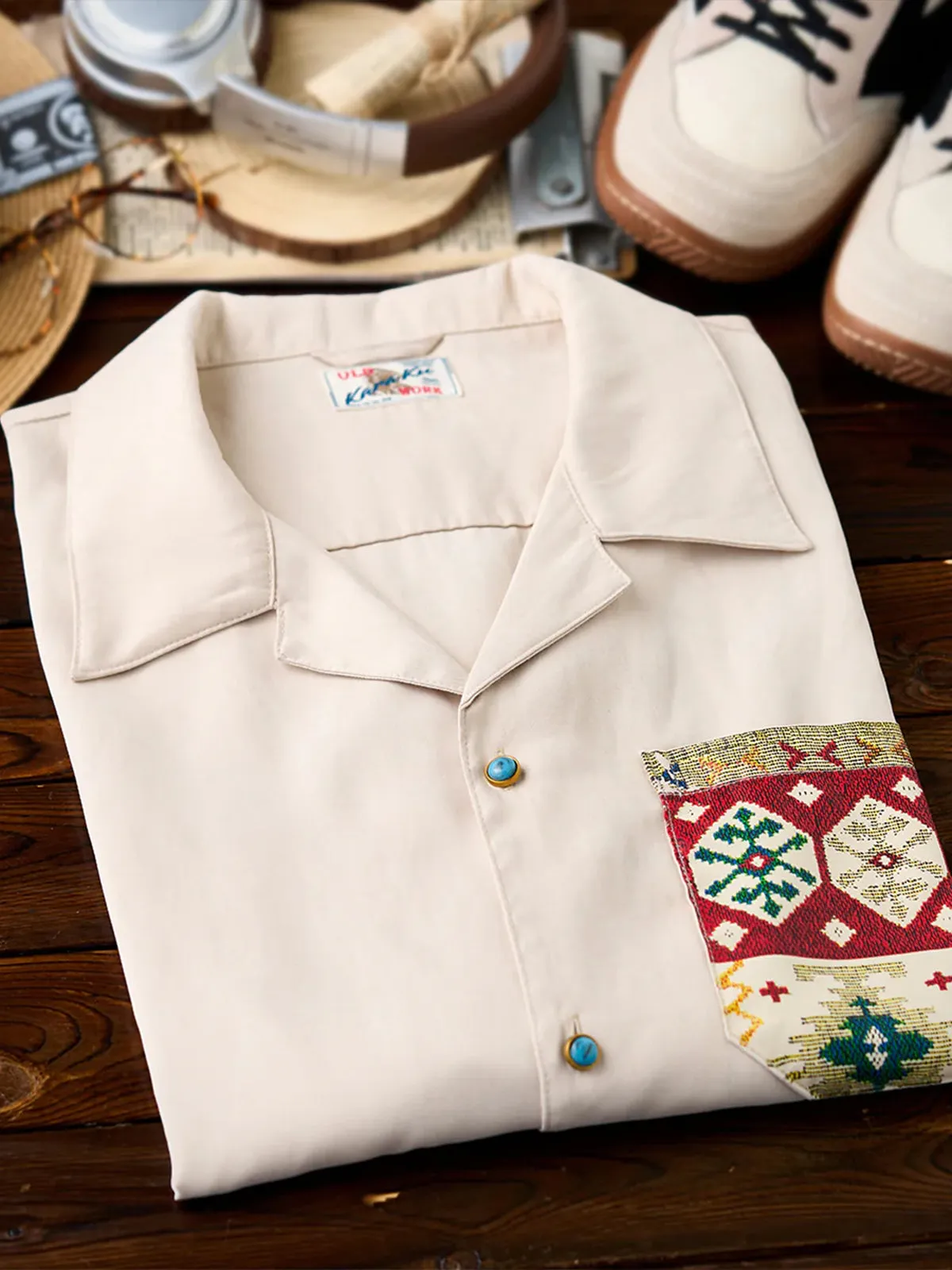 Ethnic Jacquard Pocket Turquoise-Style Button Peach Skin Shirt sold by Karaku product image thumbnail 5