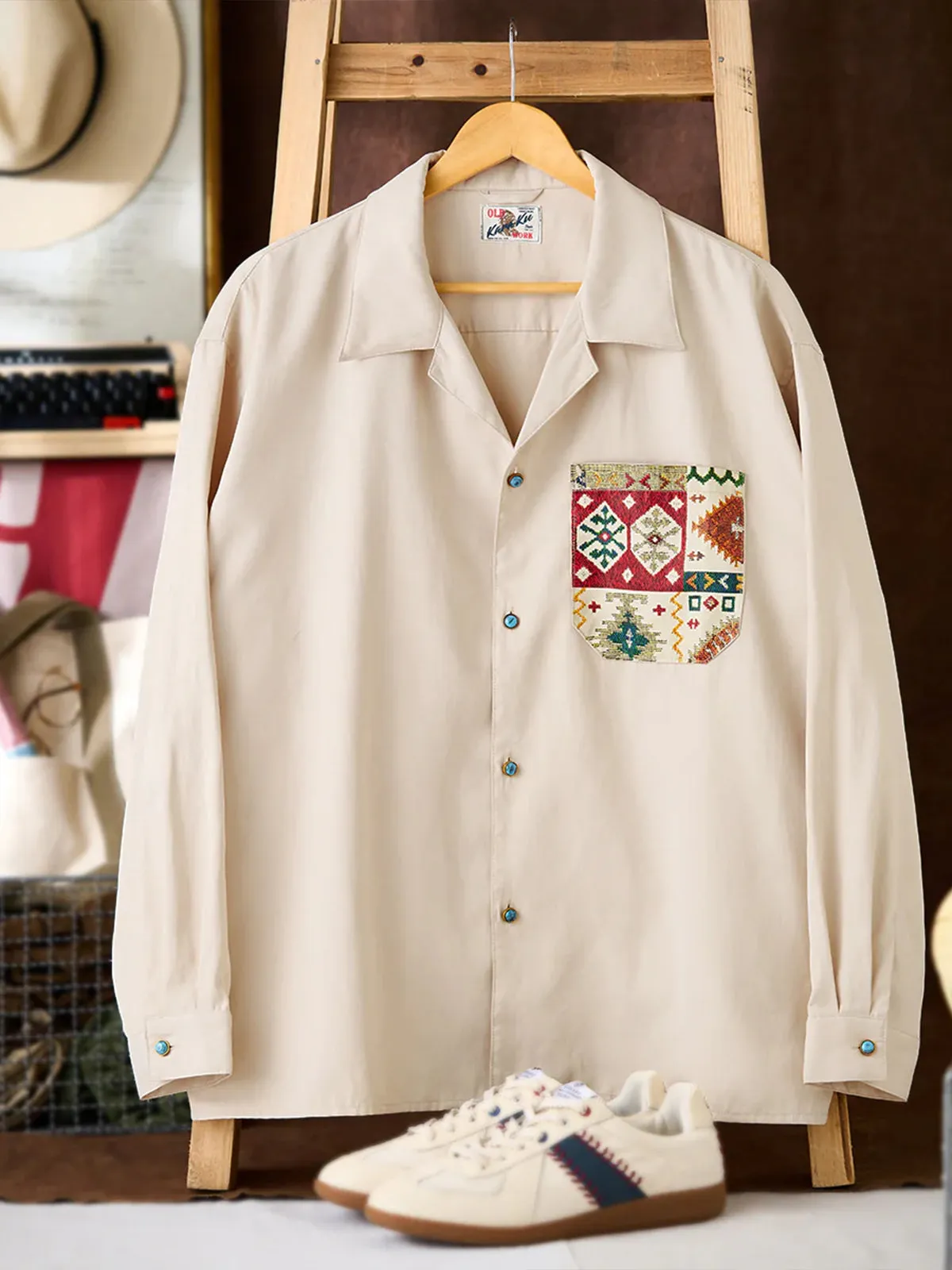 Ethnic Jacquard Pocket Turquoise-Style Button Peach Skin Shirt sold by Karaku product image thumbnail 3