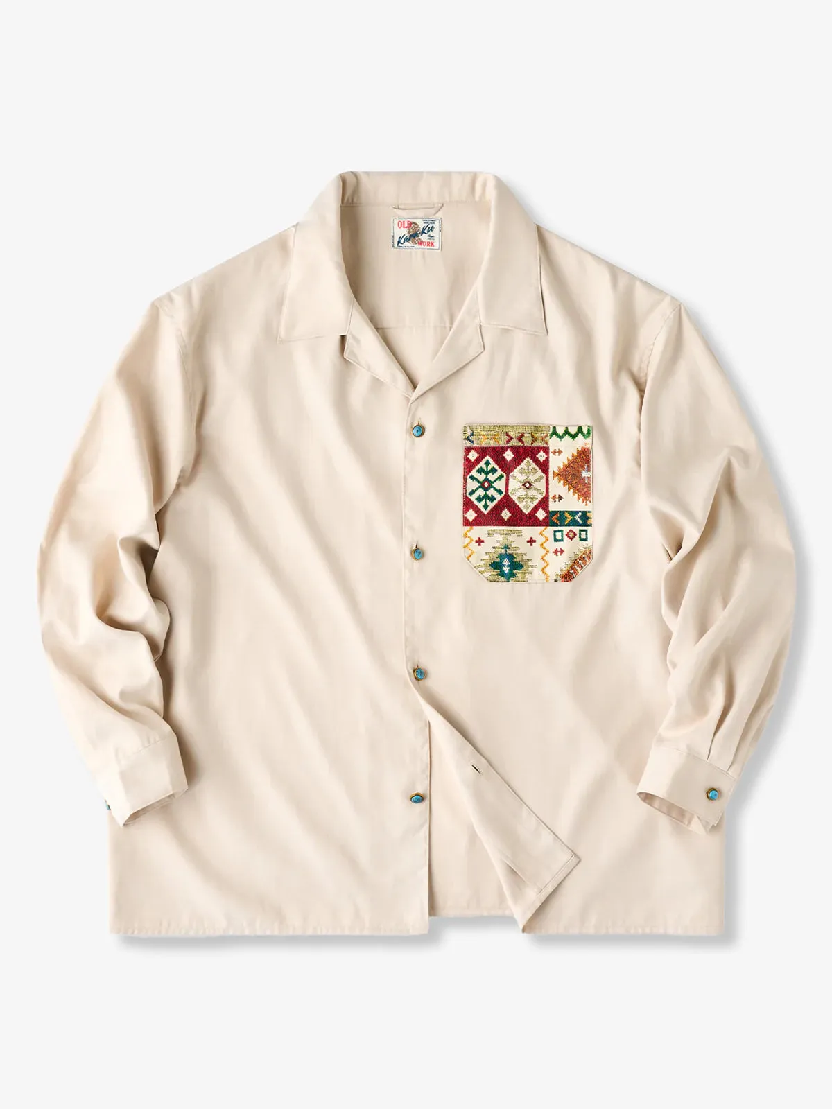 Ethnic Jacquard Pocket Turquoise-Style Button Peach Skin Shirt sold by Karaku