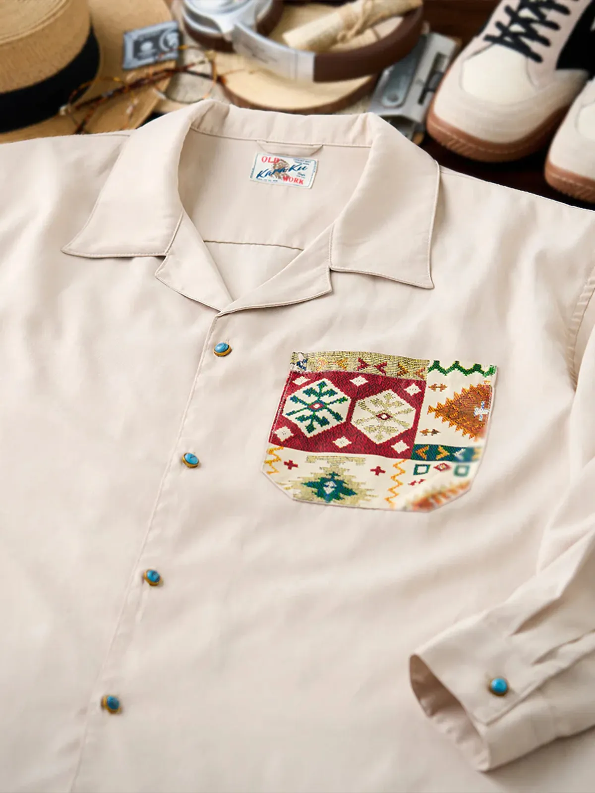 Ethnic Jacquard Pocket Turquoise-Style Button Peach Skin Shirt sold by Karaku product image thumbnail 4