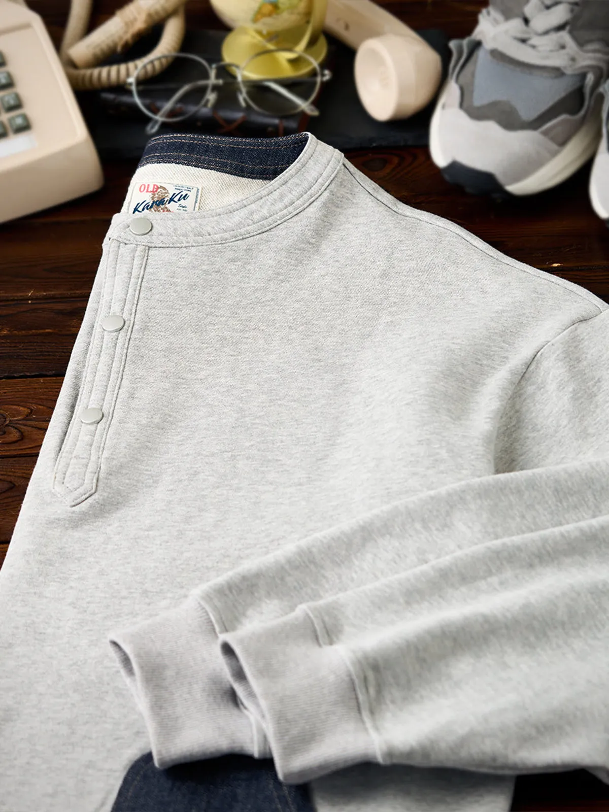Mixed-Material Combo Denim-Trim Henley Neck Sweatshirt with Pocket & Placket sold by Karaku product image thumbnail 5