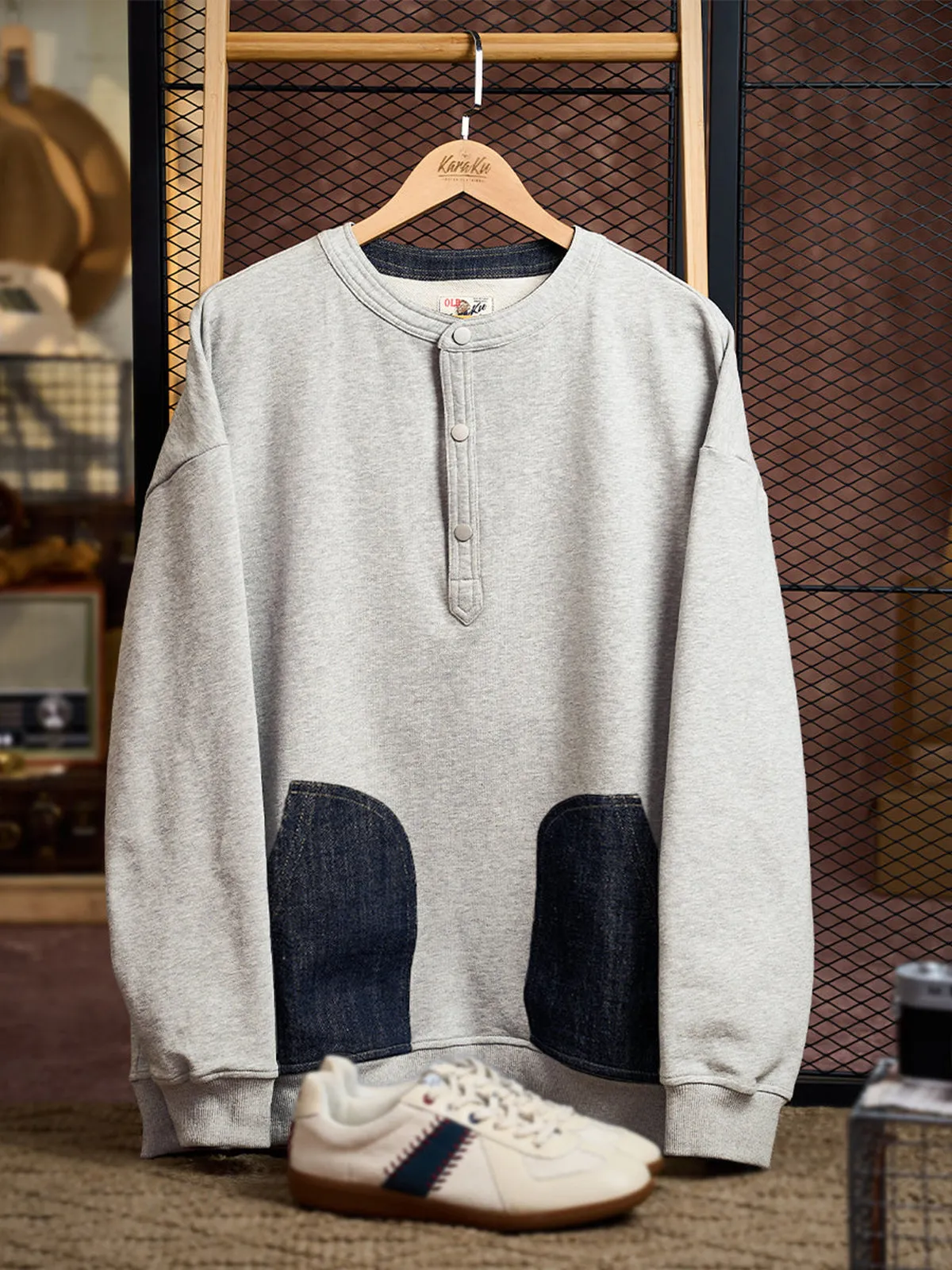 Mixed-Material Combo Denim-Trim Henley Neck Sweatshirt with Pocket & Placket sold by Karaku product image thumbnail 3