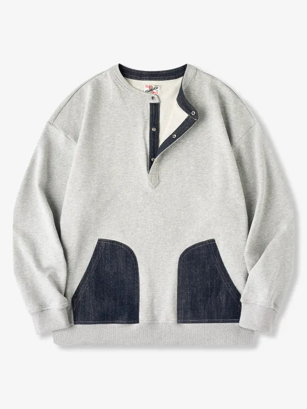 [Pre-Order] Mixed-Material Combo Denim-Trim Henley Neck Sweatshirt with Pocket & Placket sold by Karaku