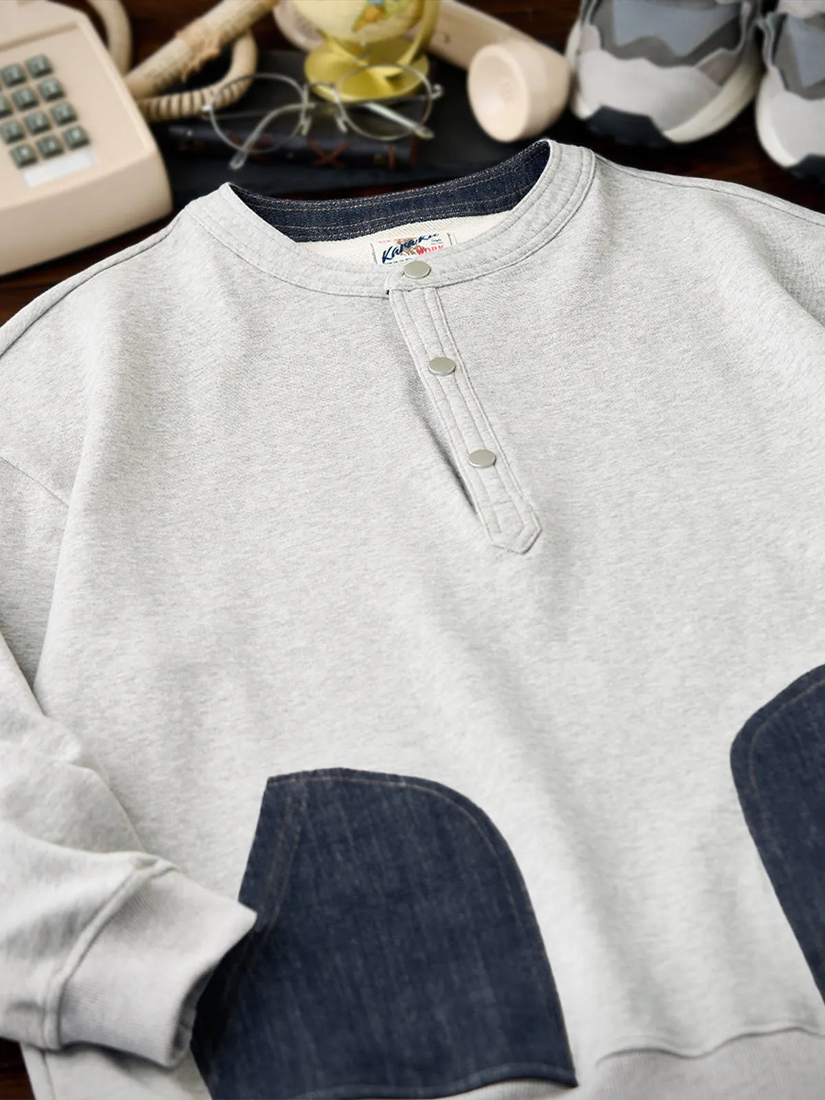 Mixed-Material Combo Denim-Trim Henley Neck Sweatshirt with Pocket & Placket sold by Karaku product image thumbnail 4