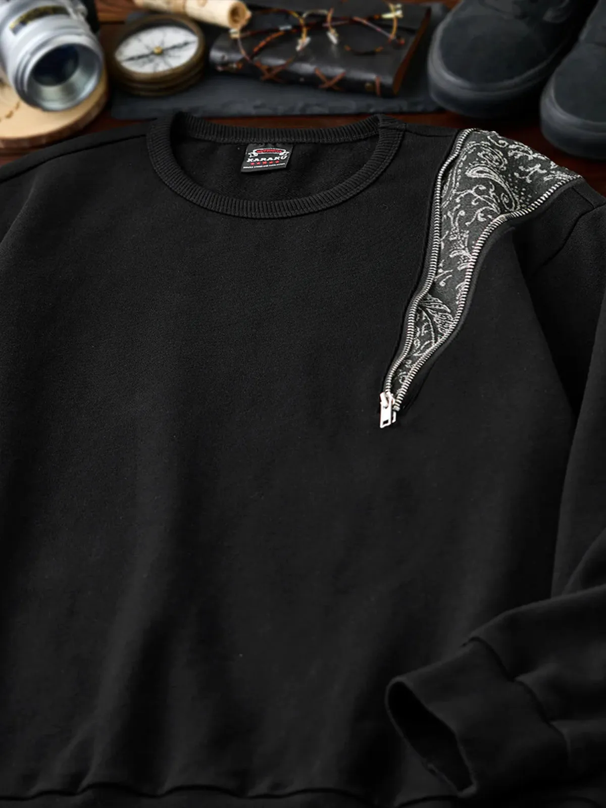 Paisley Pattern Denim Panel & Zip Crewneck Pullover Sweatshirt sold by Karaku product image thumbnail 5