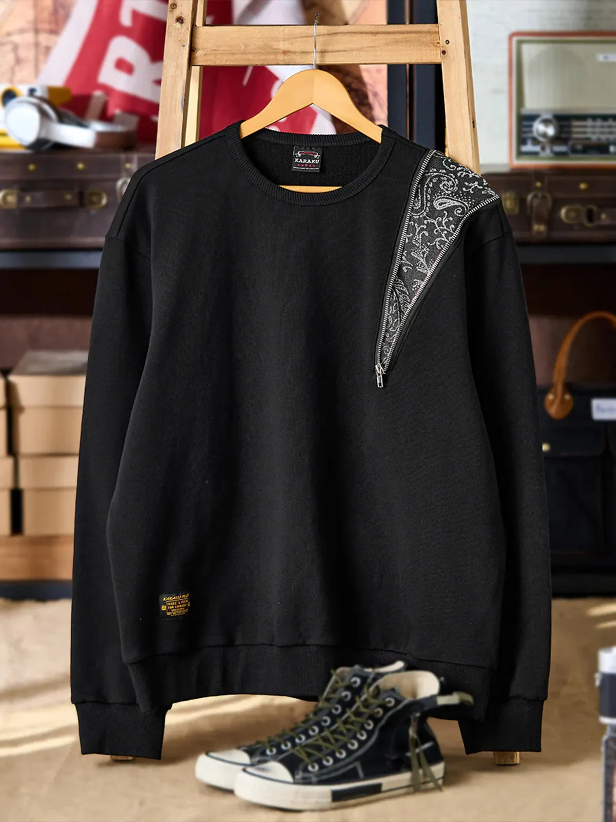 Paisley Pattern Denim Panel & Zip Crewneck Pullover Sweatshirt sold by Karaku product image thumbnail 3