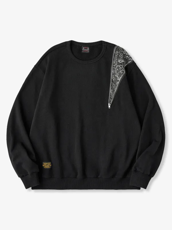 Paisley Pattern Denim Panel & Zip Crewneck Pullover Sweatshirt made by Karaku