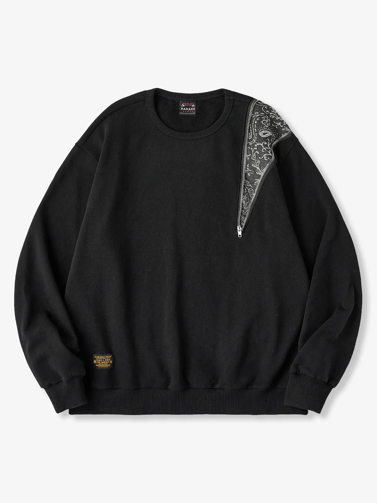 Paisley Pattern Denim Panel & Zip Crewneck Pullover Sweatshirt sold by Karaku