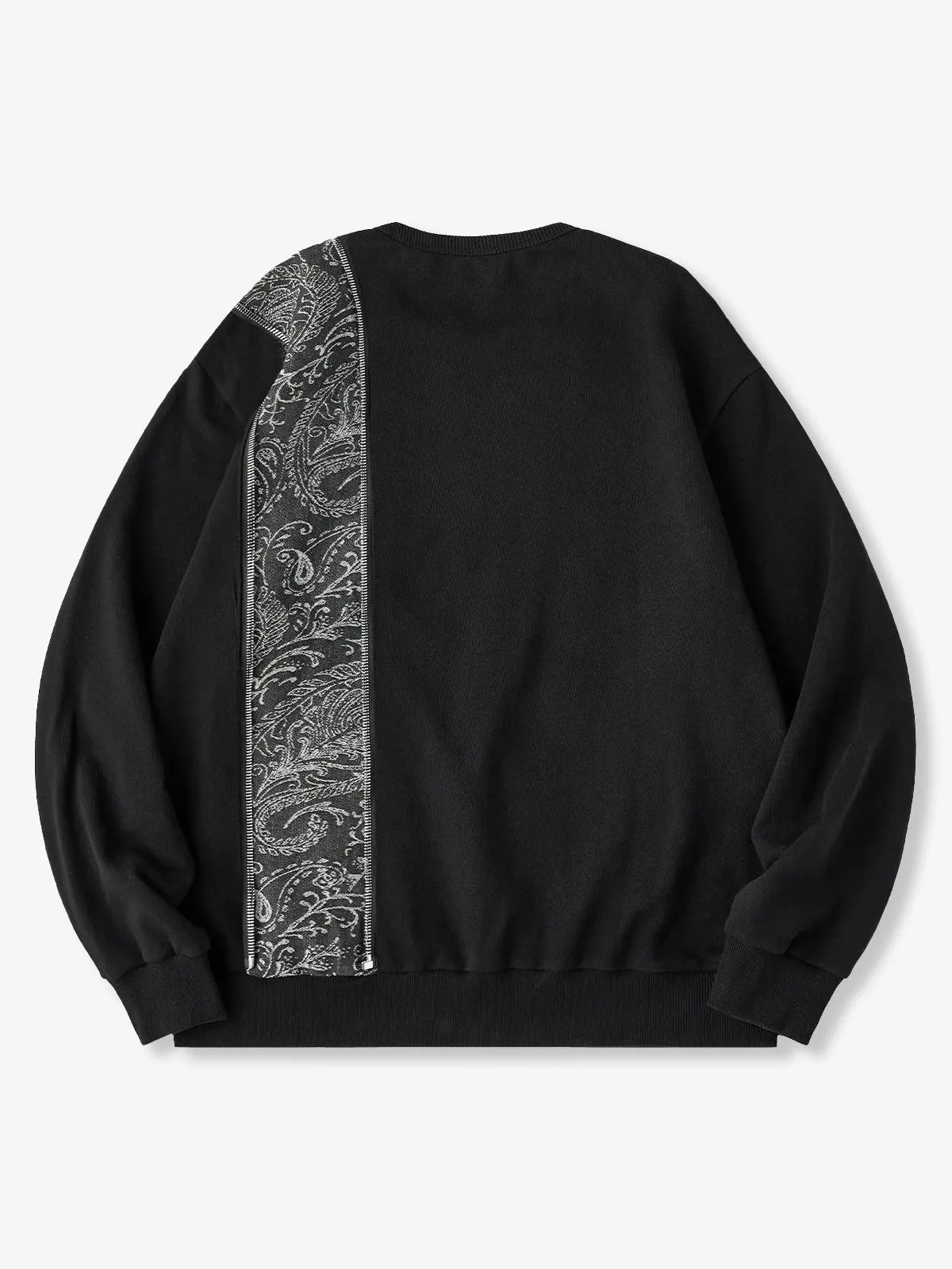 Paisley Pattern Denim Panel & Zip Crewneck Pullover Sweatshirt sold by Karaku product image thumbnail 2