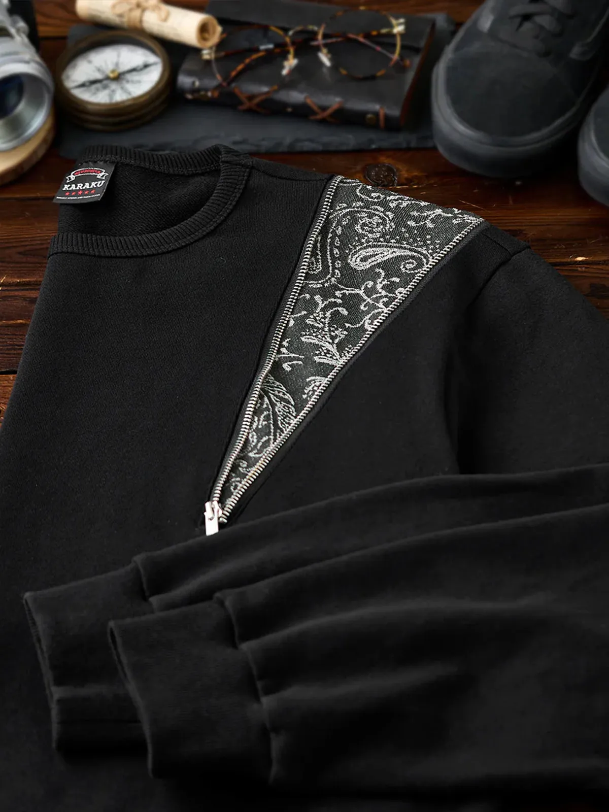 Paisley Pattern Denim Panel & Zip Crewneck Pullover Sweatshirt sold by Karaku product image thumbnail 4