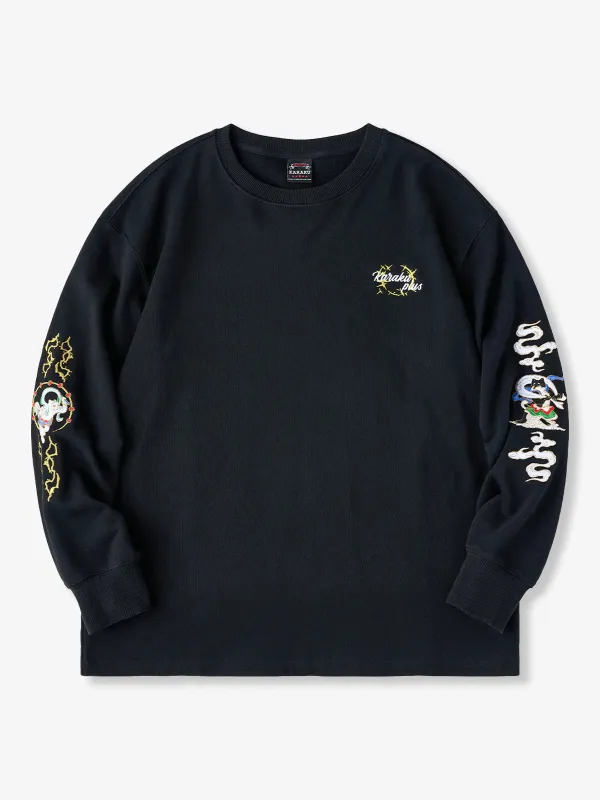 “Black Shiba Fujin & White Cat Raijin” Embroidered Cotton Crewneck Long Sleeve Tee sold by Karaku
