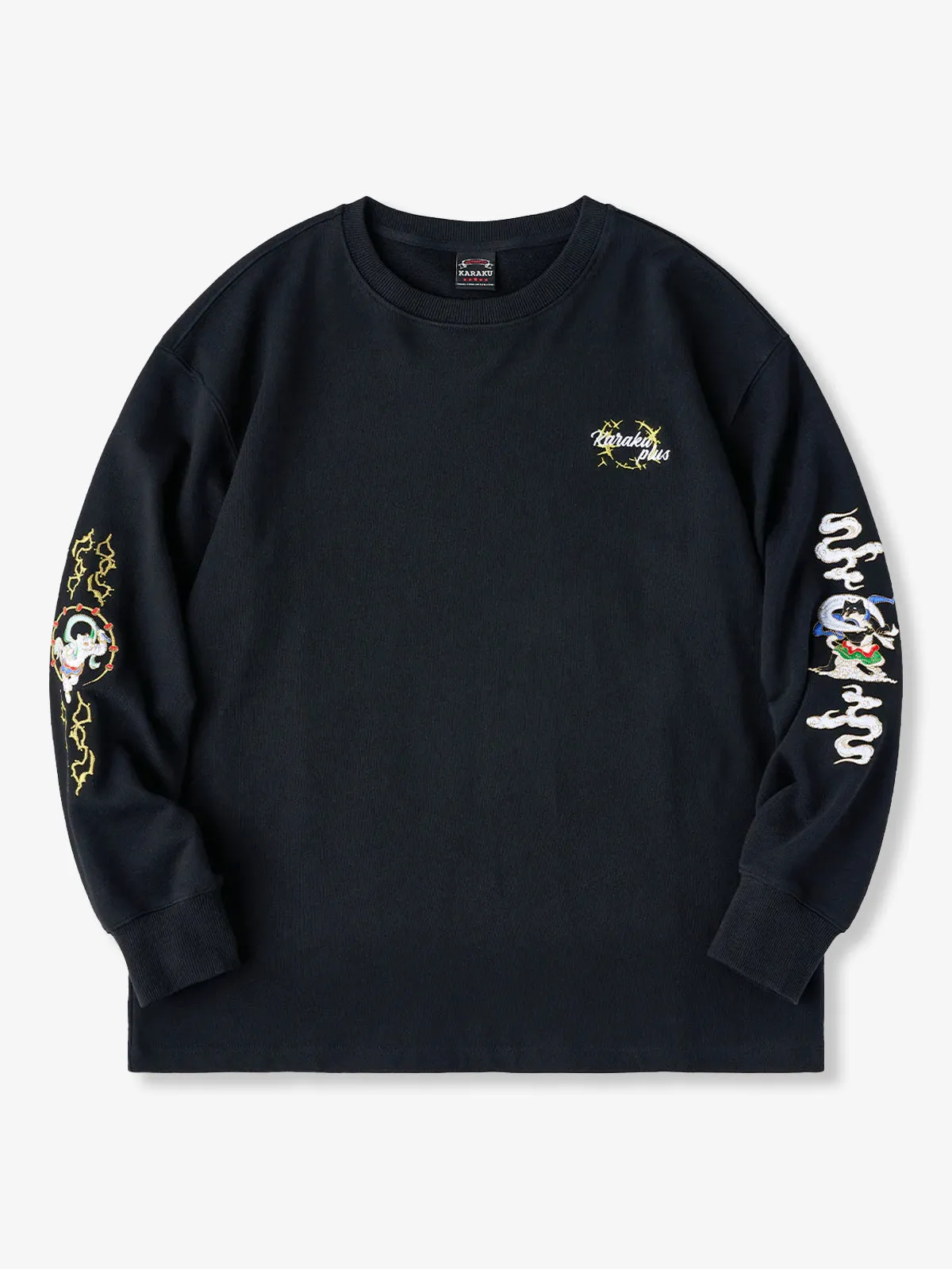 “Black Shiba Fujin & White Cat Raijin” Embroidered Cotton Crewneck Long Sleeve Tee sold by Karaku