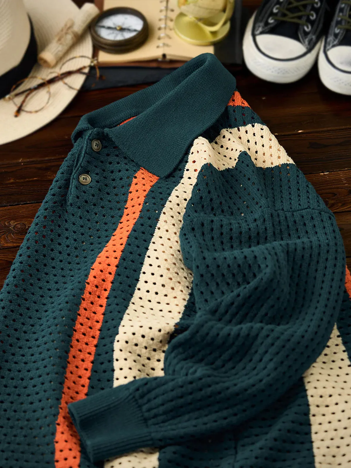 Colorblock Stripe Polo Collar Knit Sweater with Cutout Lace sold by Karaku product image thumbnail 5