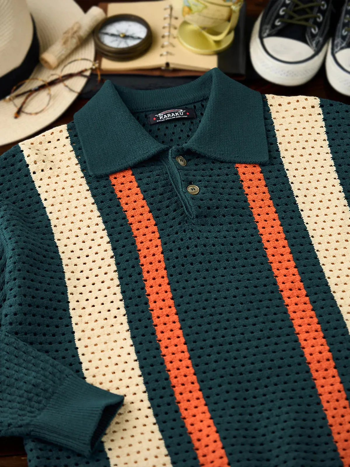 Colorblock Stripe Polo Collar Knit Sweater with Cutout Lace sold by Karaku product image thumbnail 4