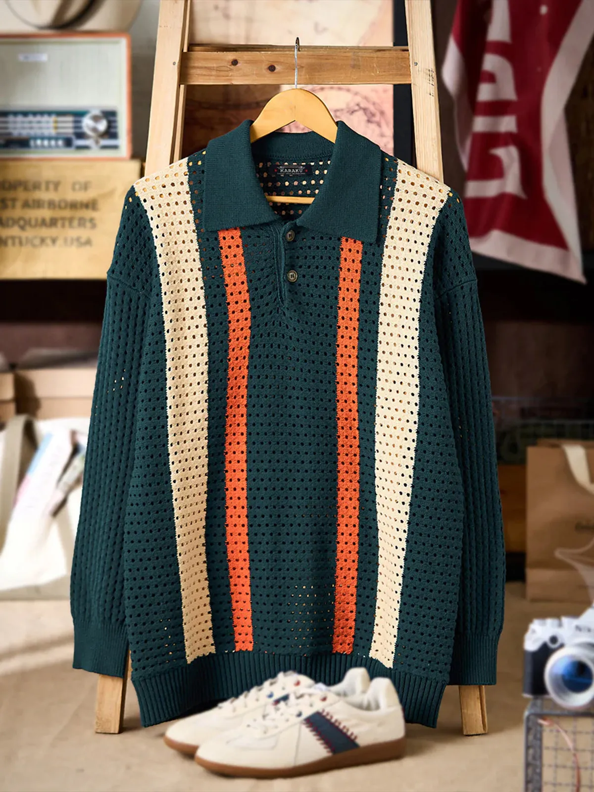 Colorblock Stripe Polo Collar Knit Sweater with Cutout Lace sold by Karaku product image thumbnail 3