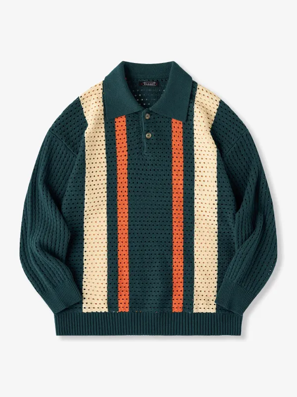 Colorblock Stripe Polo Collar Knit Sweater with Cutout Lace made by Karaku