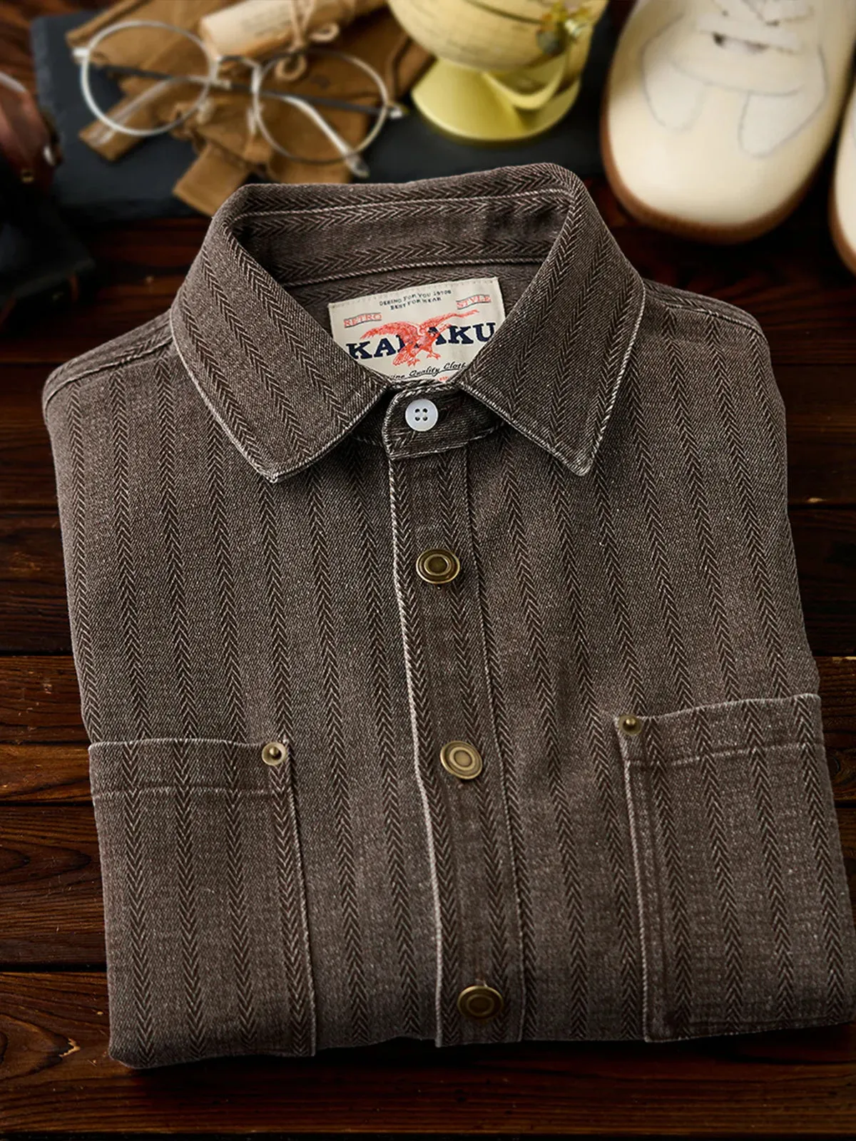 Multi-Functional Coated Herringbone Jacquard Denim Shirt sold by Karaku product image thumbnail 5