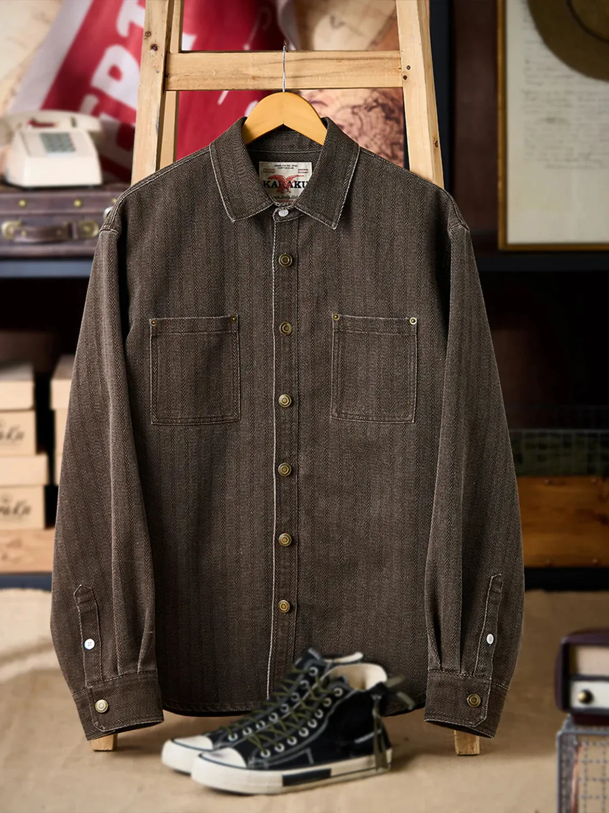 Multi-Functional Coated Herringbone Jacquard Denim Shirt sold by Karaku product image thumbnail 3