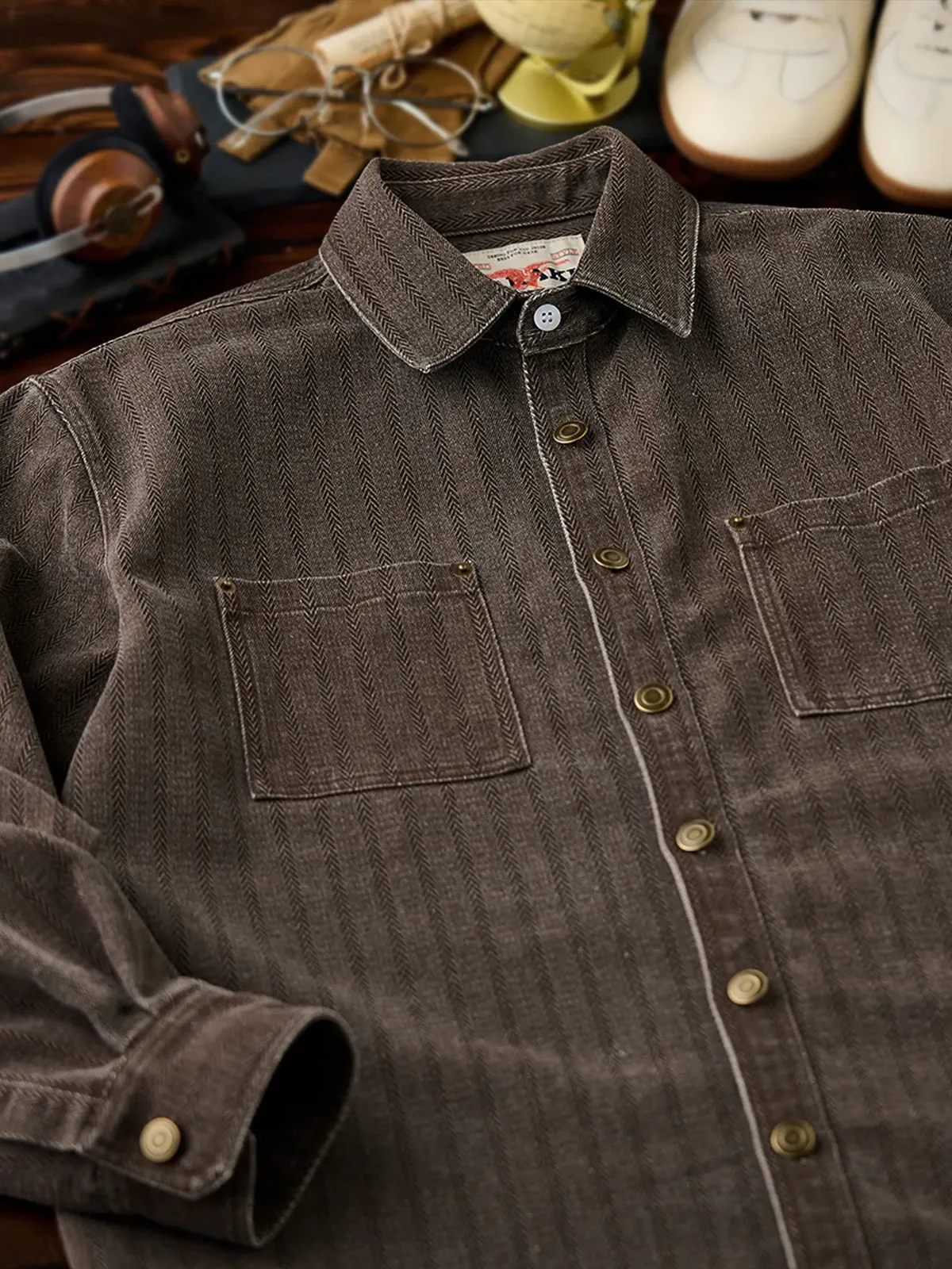 Multi-Functional Coated Herringbone Jacquard Denim Shirt sold by Karaku product image thumbnail 4
