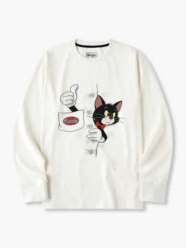 [Pre-Order] “Thumbs Up Cat” Black Cat Printed Cotton Long-Sleeve T-Shirt sold by Karaku