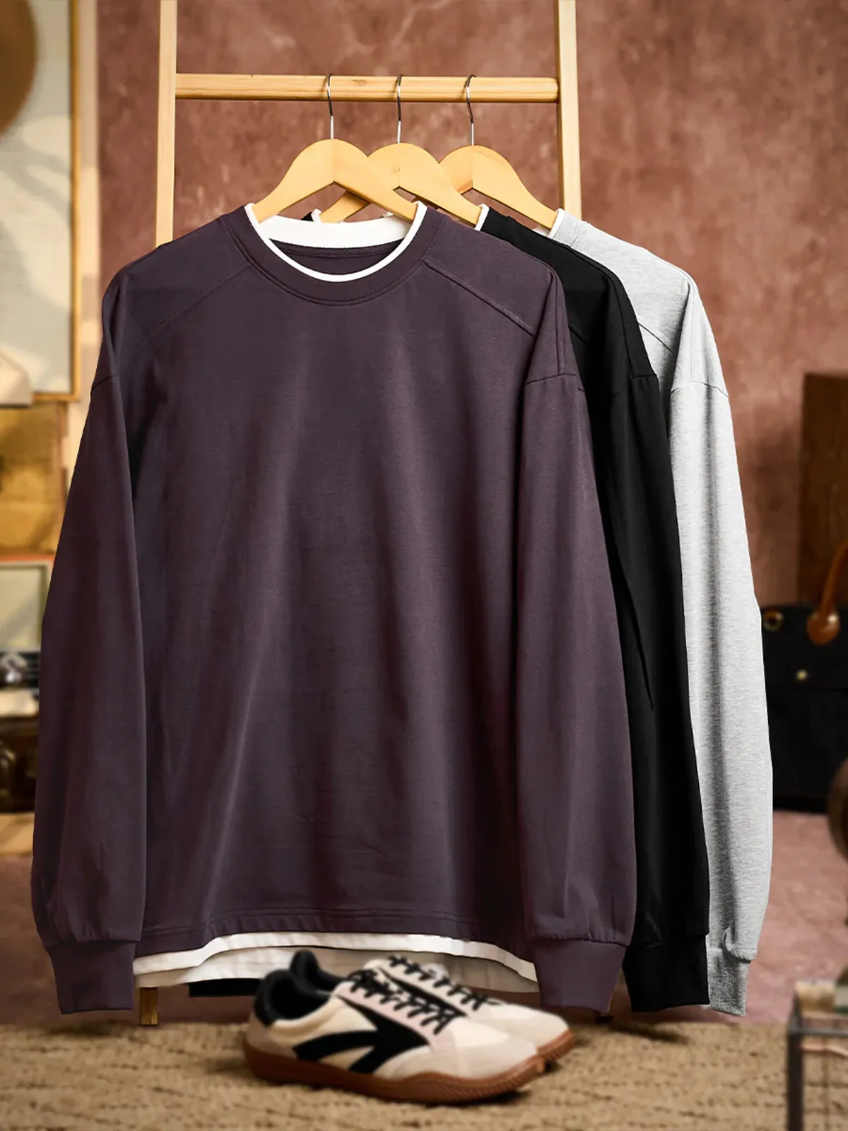 Faux Layered Cotton Long Sleeve Tee with Leather Tag sold by Karaku product image thumbnail 5