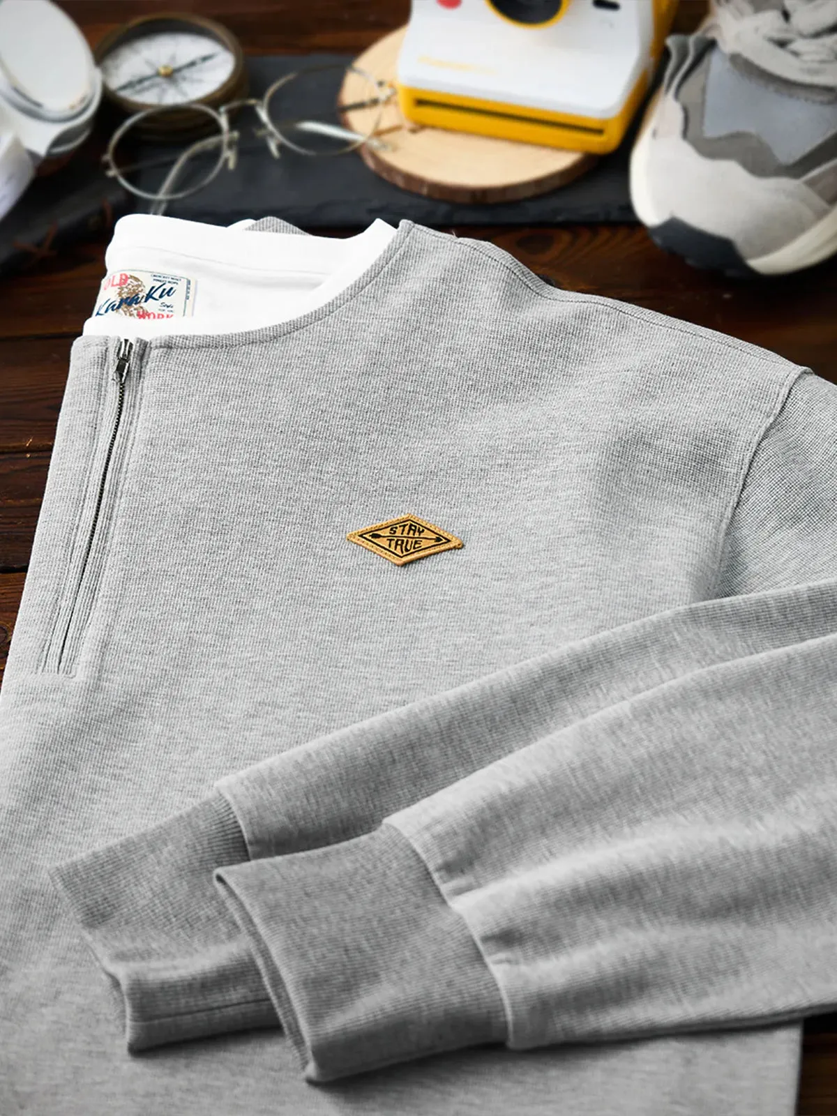 "STAY TRUE" Embroidered Patch Half-Zip Faux-Layer Waffle Long Sleeve Tee sold by Karaku product image thumbnail 5