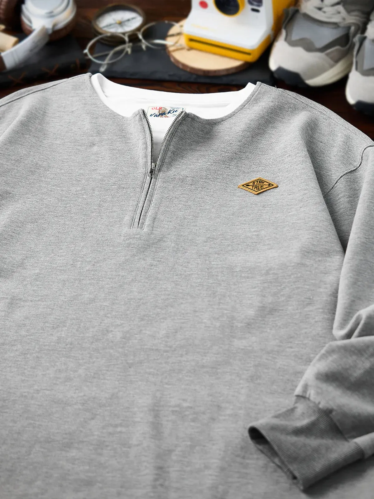 "STAY TRUE" Embroidered Patch Half-Zip Faux-Layer Waffle Long Sleeve Tee sold by Karaku product image thumbnail 4