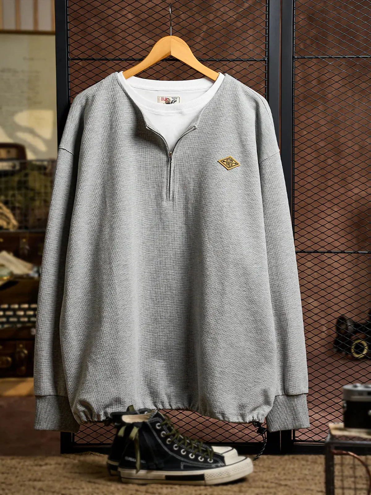 "STAY TRUE" Embroidered Patch Half-Zip Faux-Layer Waffle Long Sleeve Tee sold by Karaku product image thumbnail 3