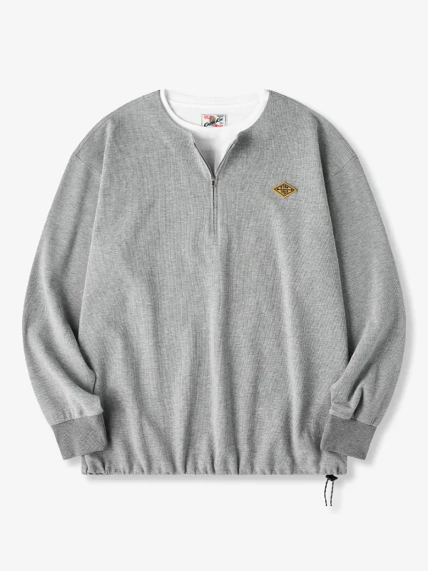 "STAY TRUE" Embroidered Patch Half-Zip Faux-Layer Waffle Long Sleeve Tee made by Karaku