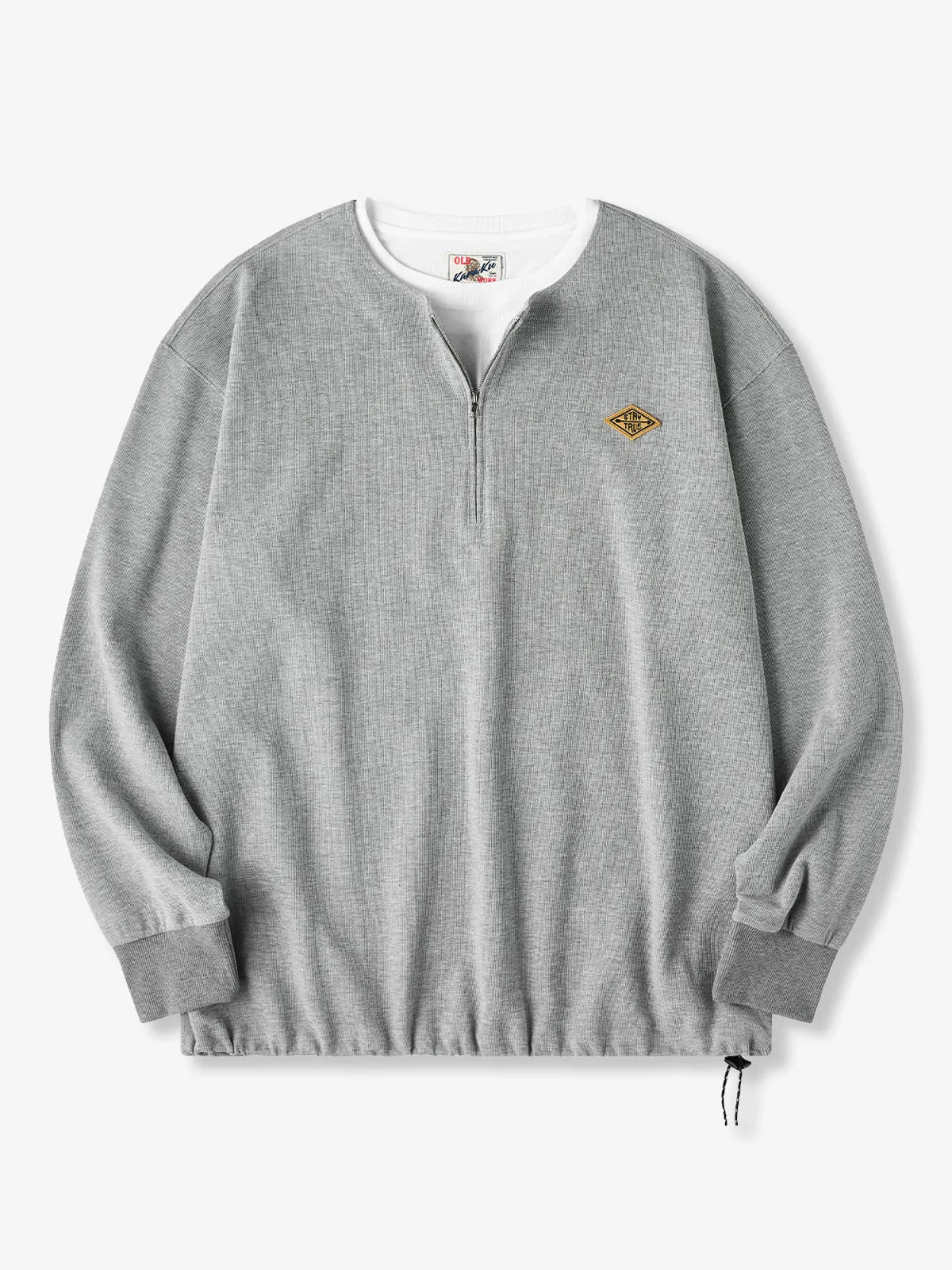 "STAY TRUE" Embroidered Patch Half-Zip Faux-Layer Waffle Long Sleeve Tee sold by Karaku