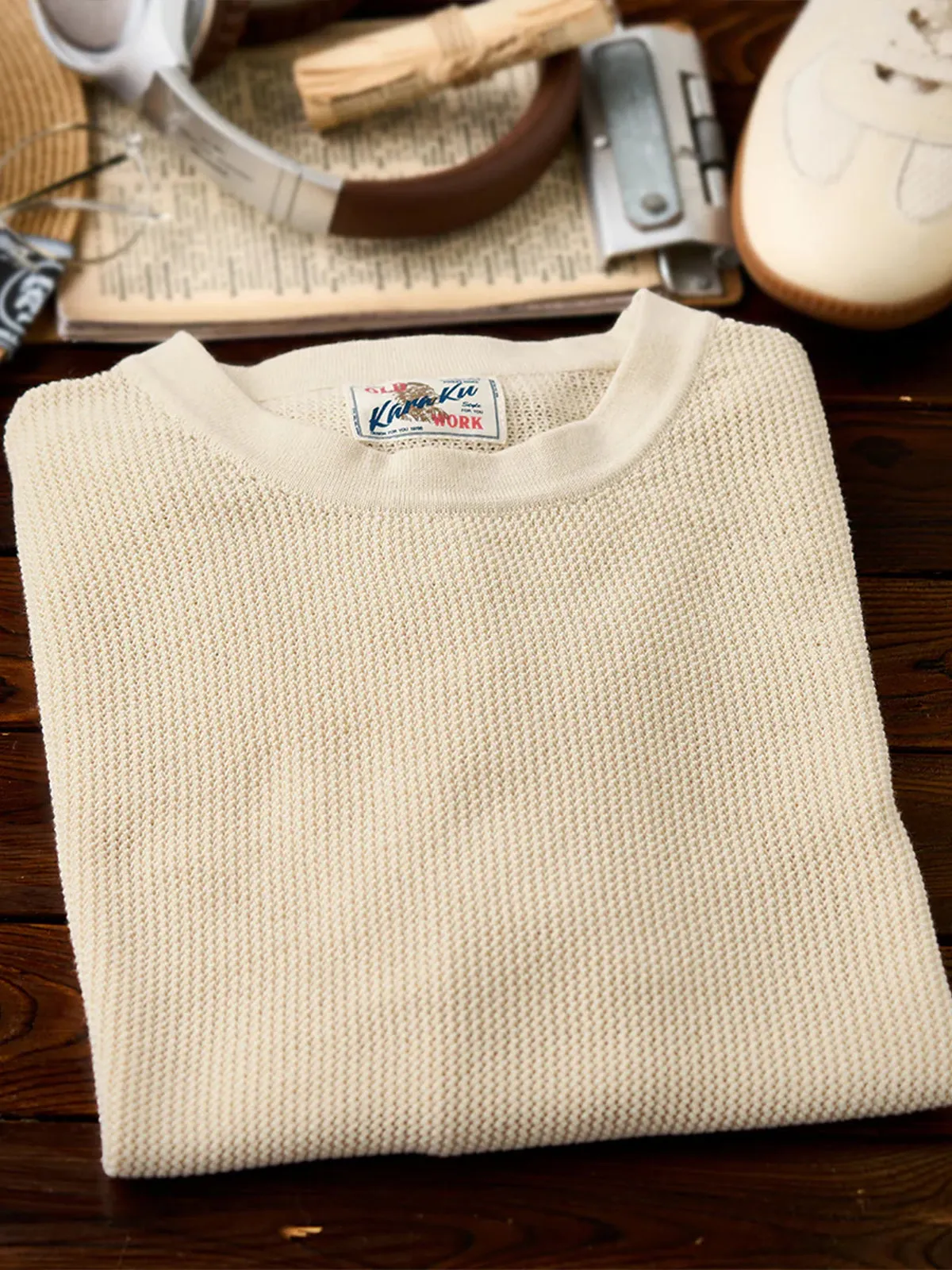 Clean Fit Knit T-Shirt with Side Rib Panels and Openwork Weave sold by Karaku product image thumbnail 5