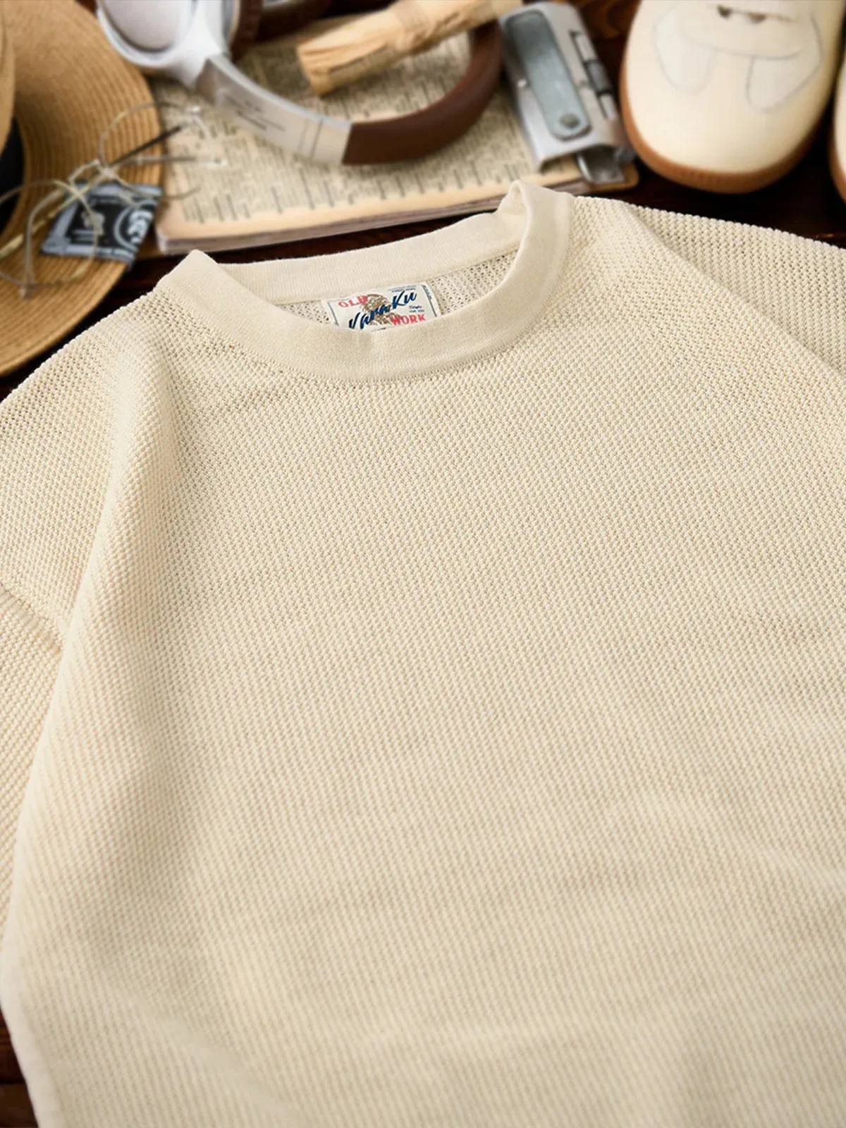 Clean Fit Knit T-Shirt with Side Rib Panels and Openwork Weave sold by Karaku product image thumbnail 4